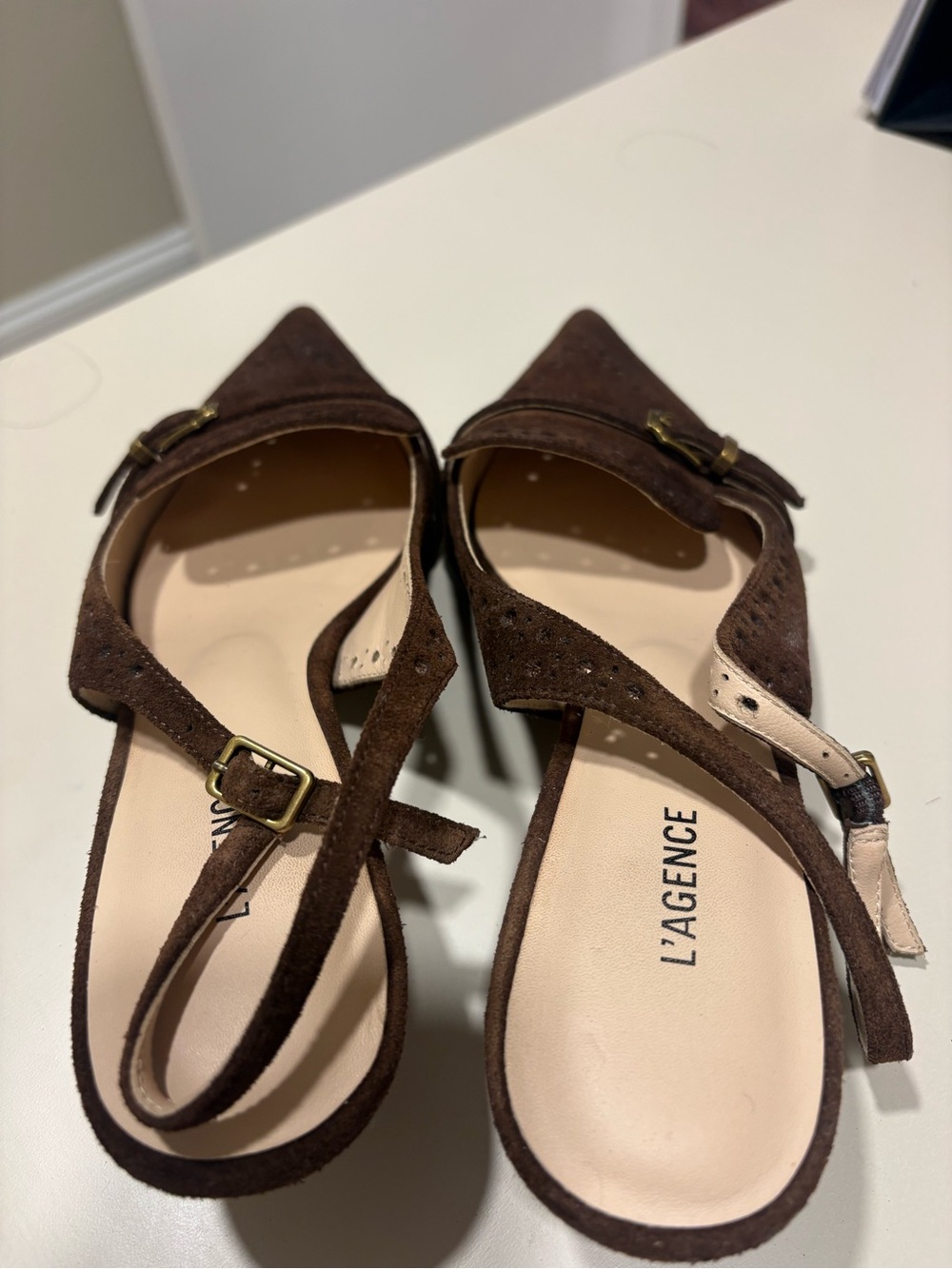 L'AGENCE Dark Brown Suede Pointed Slingback Flats - Picture 6 of 8